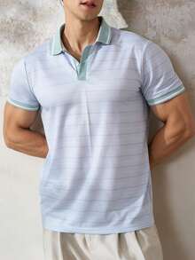 Airaco Men's Blue Striped Button Collar Polo Shirt Golf Summer Smart Casual - Multicolor - View 1