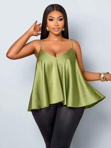 SOLERSUN Plus SizeWomen's Elegant Satin V-Neck Ruffled Spaghetti Strap Vest Top For Spring And Summer, Suitable For Everyday Wear, Office Casual, Shopping, Vacation, Music Festivals, Outdoor Parties, And Dates - Green - View 2