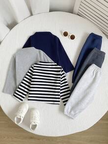 3 Sets Baby Boy Clothes Chic Striped Solid Long Sleeve Soft Squishy 2 Pieces Sets Outfits Tops Sweat Pants Shirts Bottoms Vacation Spring Fall - Multicolor - View 2