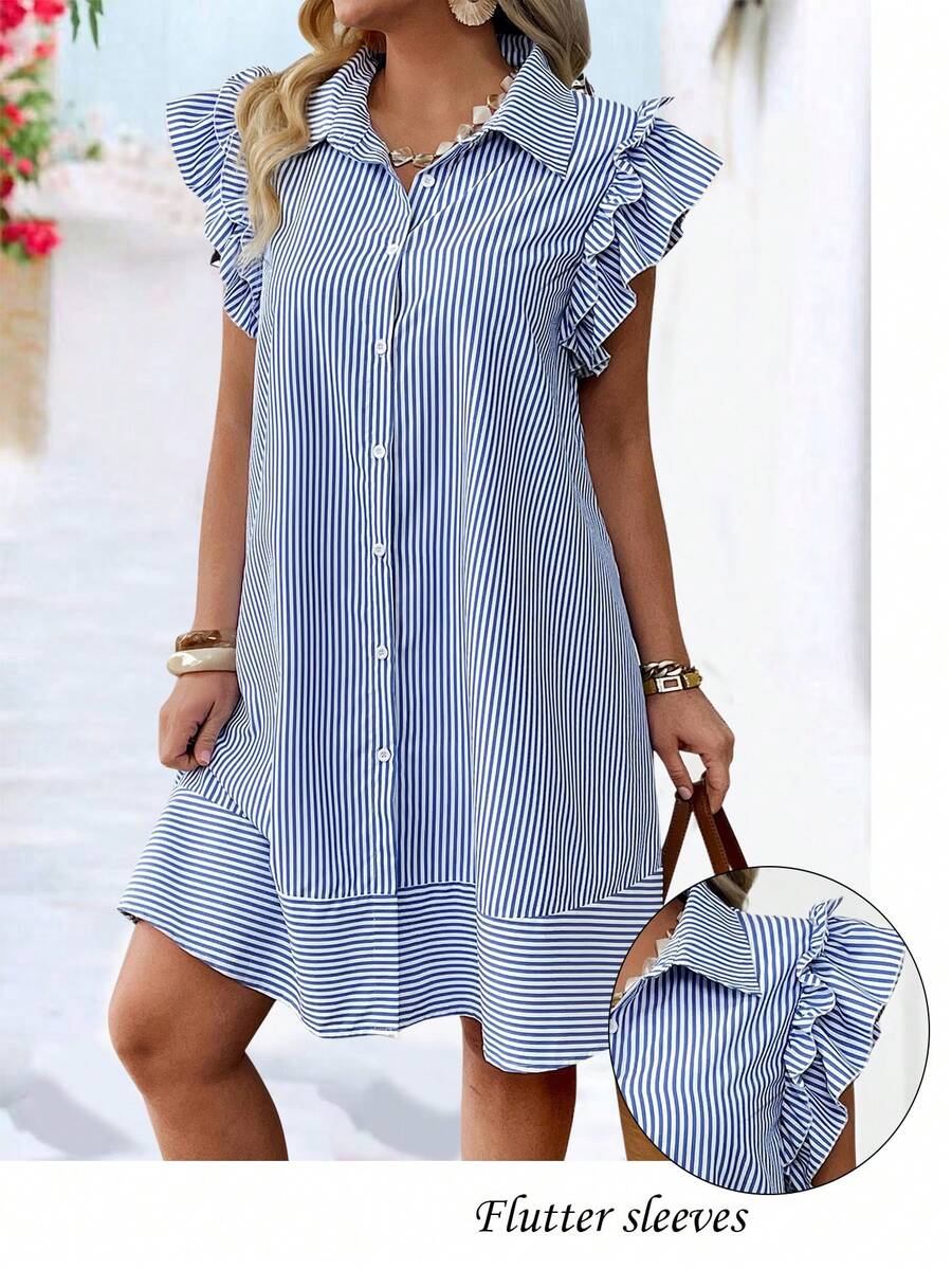 EMERY ROSE Plus Size Fashion Spring/Summer Casual Striped Front Button Cap Sleeve Dress - Blue - View 1