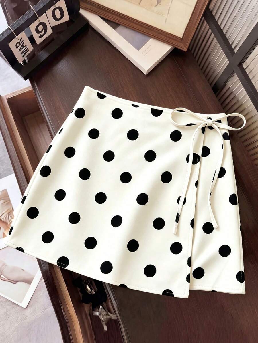 Franclia Damen Mode Rock mit Polka Dot Design, Schleife vorne, vielseitig für Pendeln, Alltag, einfach, locker, lässig, Büro - Weiss - Übersicht 1