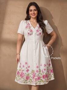 SHEIN Clasi Plus Size Women Elegant V-Neck Casual Office Dress - Multicolor - View 1