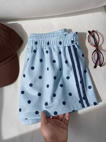 Comfortcana Polka Dot Pattern Elastic Waist Summer Women's Shorts - Blue - View 3