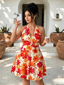 Elenzga Plus Size Casual Dopamine Ditsy Floral V-Neck Tie-Up Sleeveless Maxi Dress, Suitable For Beach, Vacation, And Summer Dates - Coral Orange - View 3