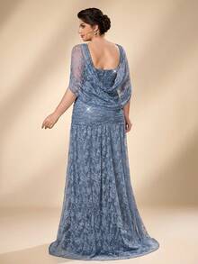 Serin Plus Size Elegant Luxurious Blue Stretch Sequin Lace Embroidered Sleeve Cape Mermaid A-Line Evening Gown For Wedding Bachelorette Party Vacation Prom - Blue - View 3