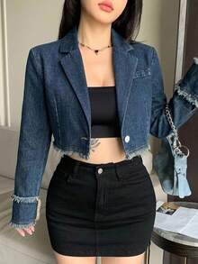 DAZY 秋季女款寬鬆休閒街頭風牛仔夾克，附口袋與毛邊下擺，Y2K風格 - 中等水洗藍 - 查看 5