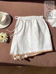 Comfortcana Women's Summer Casual Colorblock Trim Embroidered Shorts - White - View 1