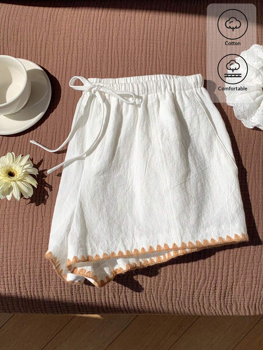 Comfortcana Women's Summer Casual Colorblock Trim Embroidered Shorts - White - View 1