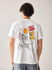 Strevion Men's Minimalist Tom & Jerry Basketball Dream Graphic Print Round Neck Short Sleeve T-Shirt, Summer - White - View 2