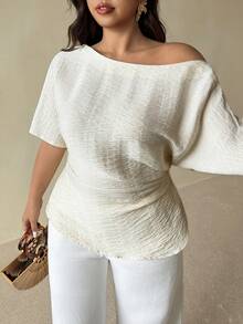 Auralis Áo blouse mặc kiểu pullover dáng ôm tôn dáng, eo xếp ly bất đối xứng, tay cánh dơi, vai lệch, phong cách tối giản đa năng cho mùa xuân/hè, size lớn, đi làm - Màu be - Xem 2