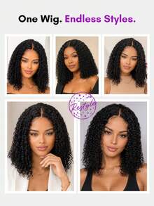 ALL READY WIG Kinky Curly 無膠 Bob 假髮，可調節彈性抽繩人髮蕾絲假髮，女用全套假髮，預漂白、預拔髮、預剪蕾絲，4x4 蕾絲封口無膠假髮，含前髮，100% 人髮 - Natural Black - 查看 3
