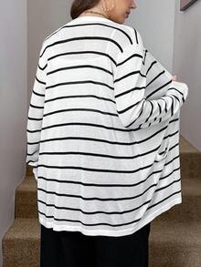 SHEIN LUNE 大尺碼女款純色黑白開襟羊毛衫，附口袋，秋季返校商務休閒冬季款 - 黑與白 - 查看 9