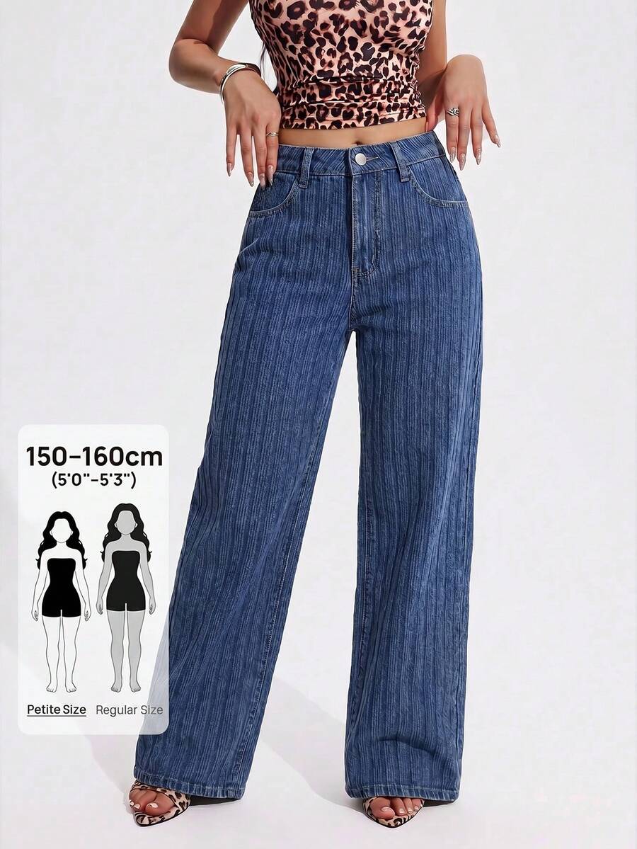 SHEIN PETITE 女款素色條紋紋理拉鍊門襟牛仔褲,小碼女款 - 中等水洗藍 - 查看 1