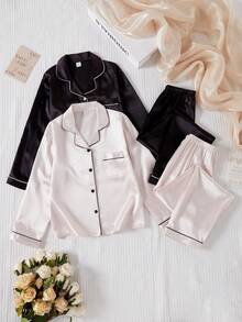 Girls' Solid Color Satin Long Sleeve Top And Long Pants 2 Pieces Loungewear Set, Spring/Autumn - Multicolor - View 4
