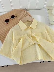 SHEIN LMoss Kids LMoss 青少女梭織素色寬鬆短版休閒襯衫 - 黃色 - 查看 3