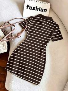 GlowEve 女款翻領拉鍊 POLO 衫 T-Shirt 洋裝，修身復古運動風棕色條紋，適合夏季休閒外出、休閒運動、校園、早午餐 - 彩色 - 查看 2