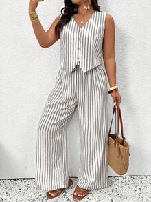 SHEIN Frenchy Women's Plus Size Striped Single-Breasted Blazer Vest And Casual Trousers Set - Black - View 7