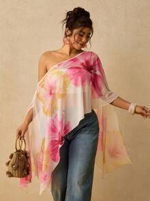 Travachic Plus Size Asymmetrical Collar Batwing Sleeve Tie-Dye Botanical Print Shirt - Multicolor - View 3