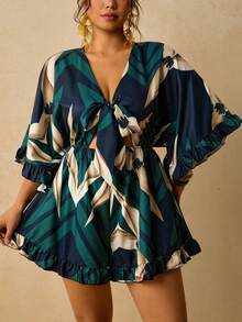 Travachic Plus Size Holiday Solid Color Batwing Sleeve, Ruffle Hem, Tie Waist Jumpsuit Fall - Multicolor - View 5
