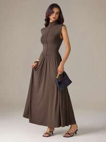 SHEIN Tall Women's Dark Brown Turtleneck Long Knit Dress, Tall Women Work Summer Elegant - Brown - View 1