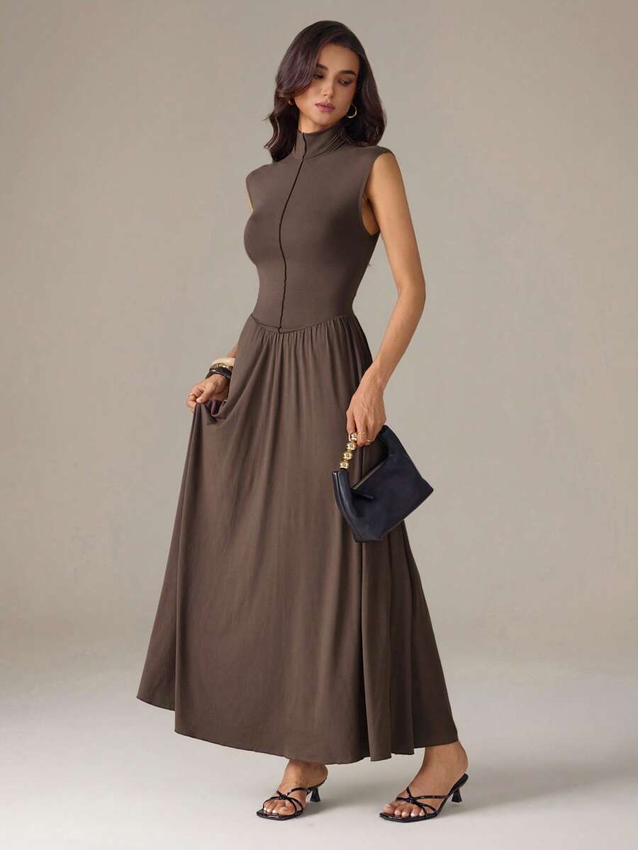 SHEIN Tall Women's Dark Brown Turtleneck Long Knit Dress, Tall Women Work Summer Elegant - Brown - View 1