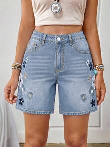 EMERY ROSE Women's Floral Embroidered Zipper Fly Denim Shorts - Dusty Blue - View 6