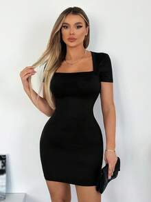 SHEIN SXY 女式天鹅领短袖黑色针织迷你连衣裙 - 黑色 - 查看 6
