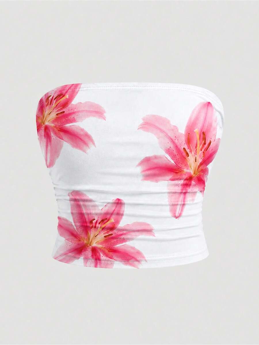 SHEIN 青少年女孩花卉印花百褶休閒百搭日常外出上衣 - 白色 - 查看 1