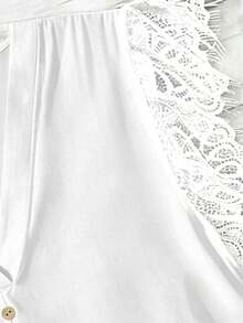 EMERY ROSE Plus Size Lace Patchwork V-Neck Button Decor Shirt Suitable For Summer Wear - White - View 5