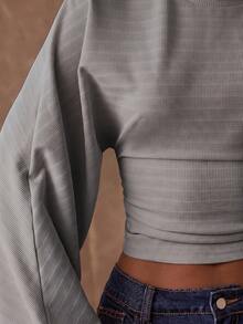 SHEIN BAE 女款純色圓領蝙蝠袖修身上衣 - 灰色 - 查看 6
