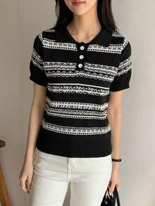 DAZY Women's Business Casual Casual Polo Collar Short Sleeve Knit Top Date Black And White Summer - Black - View 3