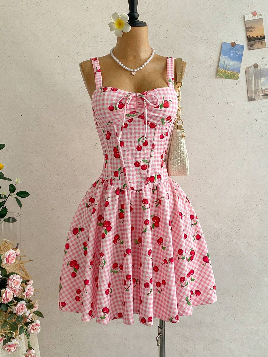 Soleia Women's Vacation Cherry Print Mini Dress Vacation Pink And White Plaid Summer Cute Cottagecore,No Breast Pads Picnic Vacation - Multicolor - View 1