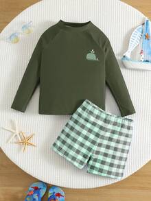 SHEIN 中性青少年男孩/女孩適用，時尚格紋長袖兩件式泳衣套裝，防曬泳裝，衝浪泳衣，適合海邊度假、游泳、衝浪 - 軍綠色 - 查看 2