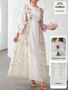 SHEIN Najma Đầm xòe bằng chiffon phối họa tiết hoa trang nhã, màu trơn, viền ren ở eo, khóa kéo, tay lỡ 3/4, chất liệu vải patchwork, dành cho nữ. - Nhiều màu - Xem 6