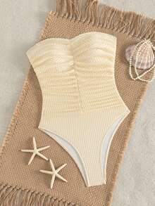 Swim Chiccia Women's Solid Color Bandeau Ruched One-Piece Swimsuit Beach Summer Outfit - Apricot - View 4