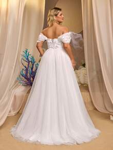Glamrae Luxury Plus Size Elegant Gorgeous White Sequin Embroidered 3D Floral Off-Shoulder Hanging Sleeve Applique Ruched A-Line Patchwork Triangle Mesh For - White - View 7