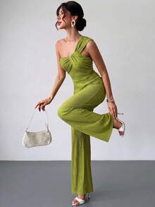 Firerie Women's Solid Color Knit Textured Fabric Jumpsuit, Asymmetric Twist Design, Straight Leg - Olive Green - View 6
