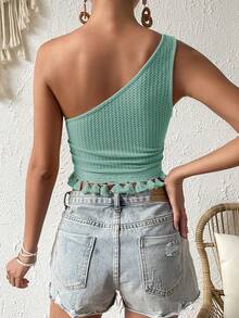 SHEIN VCAY 女款素色單肩無袖流蘇下擺修身度假上衣 - 綠色 - 查看 7