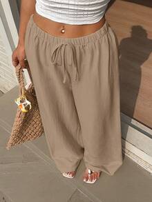 Breezaya Plus Size Women's Long Elastic Waist Casual Loose Solid Color Pants Suitable For Daily Commute Wear Suitable For Spring And Summer Versatile Pants - Khaki - View 4