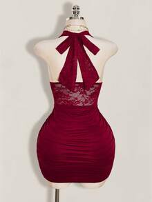 SHEIN ICON Plus Size V-Neck Halter Backless Waist Hollow Lace Patchwork Bodycon Dress - Burgundy - View 2