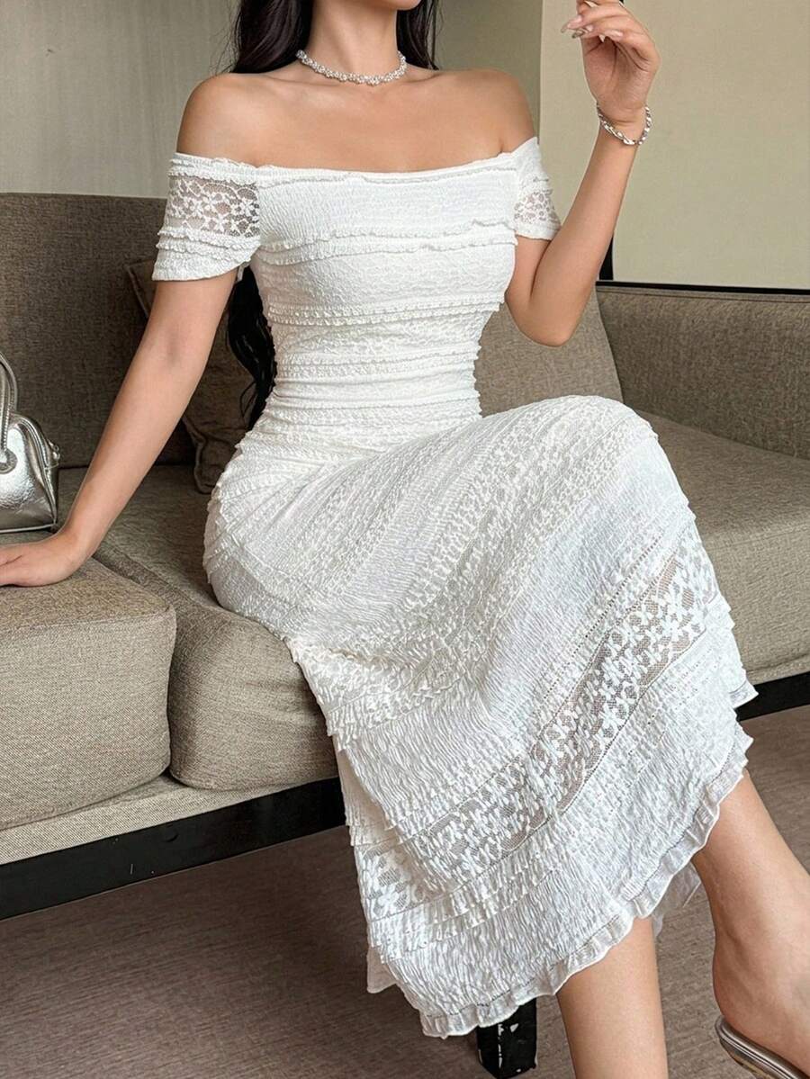 DAZY Spring/Summer Women's Elegant Style Lace Solid Color Midi Dress Sundress - White - View 1