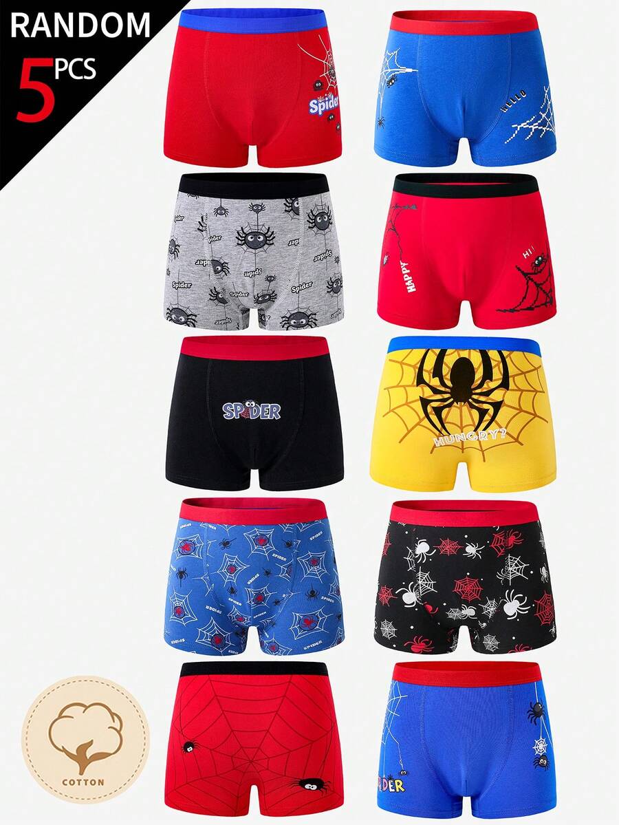 Random 5pcs/Pack All Season Boys Big Kids Multi-Color Cool Colorful Cute Spider Random Multi-Color 5pcs Traceable Cotton Boxer Briefs - Multicolor - View 1