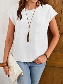 SHEIN LUNE Women's Casual Solid Color Linen-Like Shirt, Spring/Summer,Summer Top - White - View 3