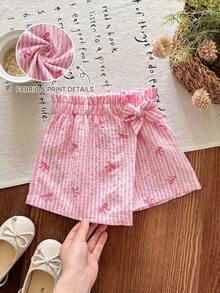 SHEIN LMoss Kids 女婴撞色条纹纸袋腰短裤，带蝴蝶结装饰，夏季 - 粉色 - 查看 1
