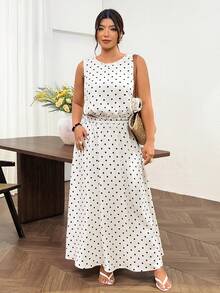 Lounesse Plus Size 2-Piece Set Women's Polka Dot Design 2-Piece Set Daily Commute Vacation Plus Size Polka Dot Dress Sleeveless Top Plus Skirt 2-Piece Set - Black and White - View 4