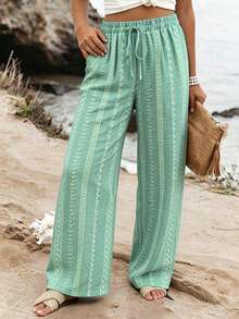 Ceyna Celana Panjang Cokelat Ukuran Besar Motif Musim Gugur Kasual Boho Serbaguna untuk Liburan, Pantai, dan Gym - Mint Green - View 1