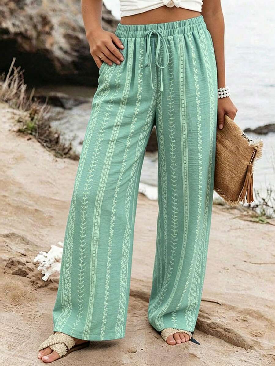 Ceyna Celana Panjang Cokelat Ukuran Besar Motif Musim Gugur Kasual Boho Serbaguna untuk Liburan, Pantai, dan Gym - Mint Green - View 1