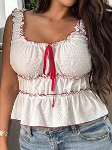 Dazy Plus Top de mujer sexy para chica hot con cuello cuadrado, cintura ceñida, patchwork de bloques de color en gasa, camisola y top de tirantes color albaricoque para primavera y verano - Albaricoque - Ver 7