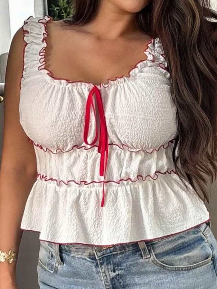 Dazy Plus Chiffon Colorblock Patchwork Waist-Cinching Square Neck Sexy Hot Girl Top Women Spring Summer Apricot Camisole And Tank Top