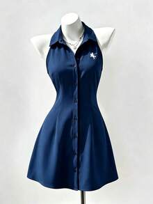 Sweetra Sexy Collar Sleeveless Bodycon Dress, Summer Women's Slim Fit Casual Sundress Suitable For Dating, Vacation - Navy Blue - View 4